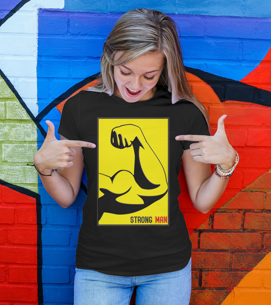 Strong Man Flexing Arm Illustration Yellow And Black T-Shirt