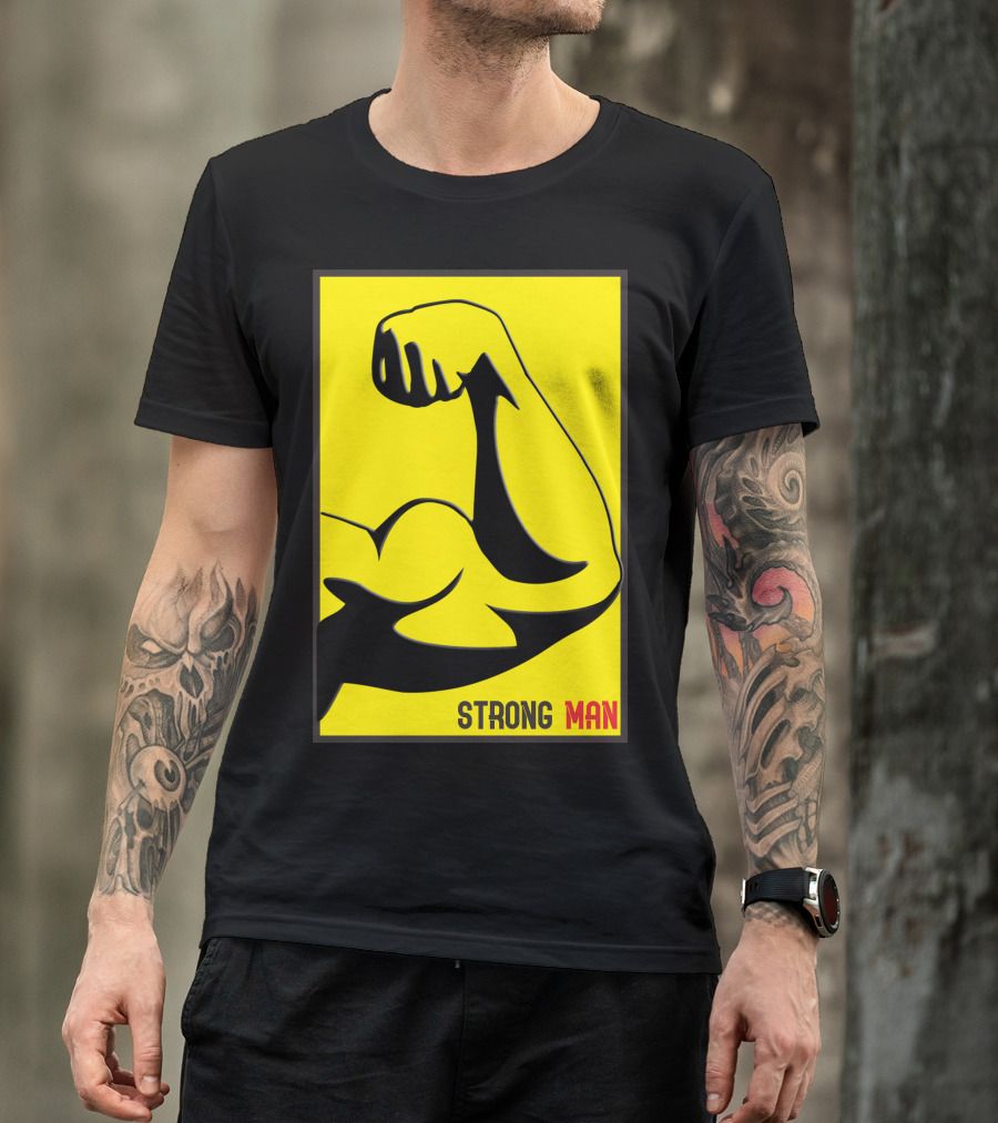 Strong Man Flexing Arm Illustration Yellow And Black T-Shirt