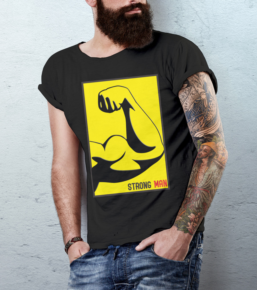 Strong Man Flexing Arm Illustration Yellow And Black T-Shirt