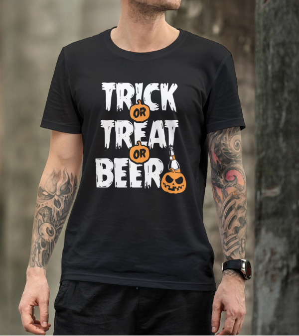 TRICK OR TREAT OR BEER Pumpkin Bottle Halloween T-Shirt