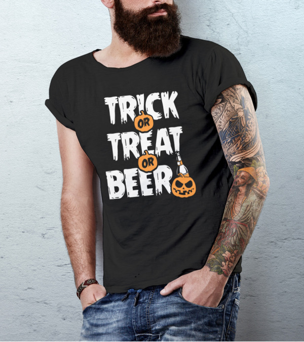 TRICK OR TREAT OR BEER Pumpkin Bottle Halloween T-Shirt