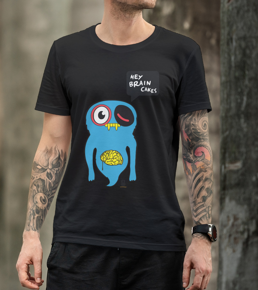 Uberpup Hey Brain Cakes Blue Creature With Exposed Yellow Brain T-Shirt