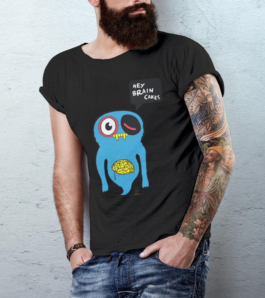 Uberpup Hey Brain Cakes Blue Creature With Exposed Yellow Brain T-Shirt