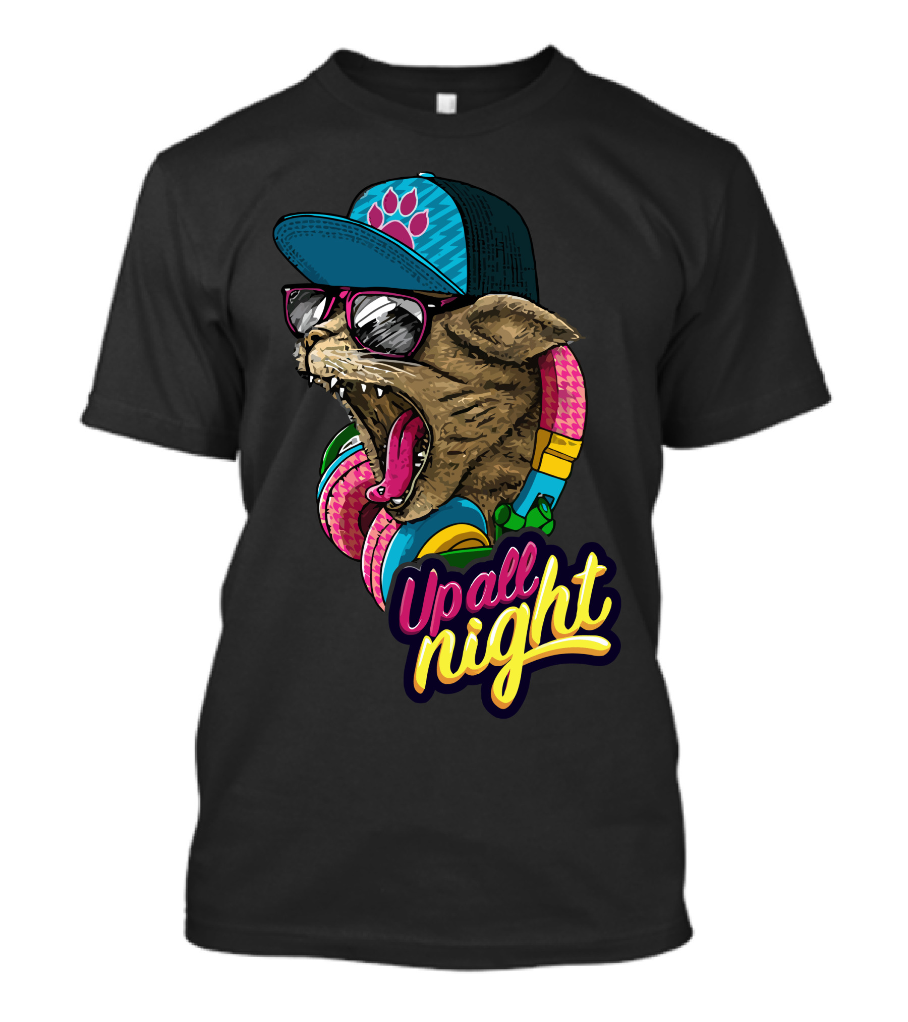 Up All Night Cat Headphones Sunglasses Hat Paws T-Shirt