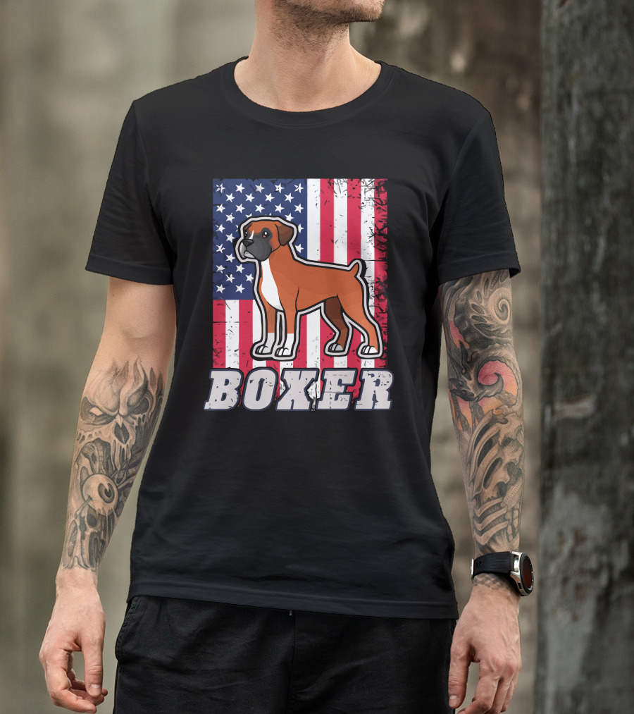 Boxer Dog American Flag T-Shirt