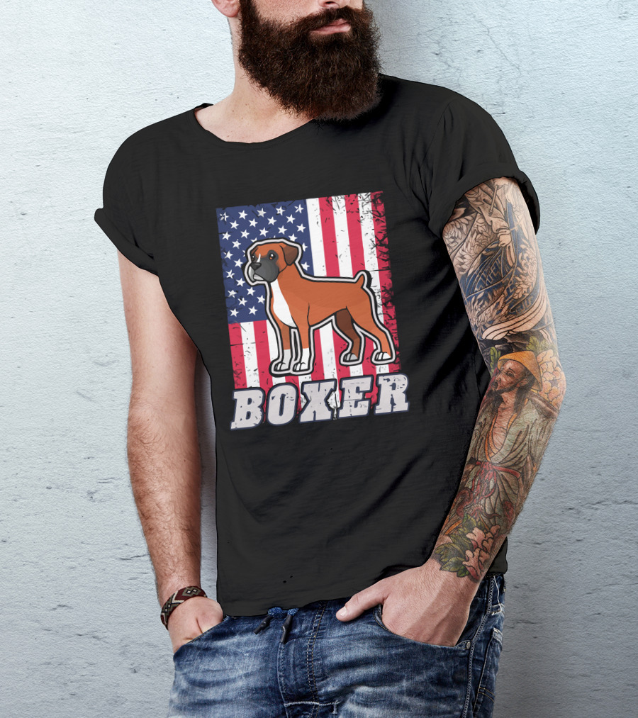 Boxer Dog American Flag T-Shirt