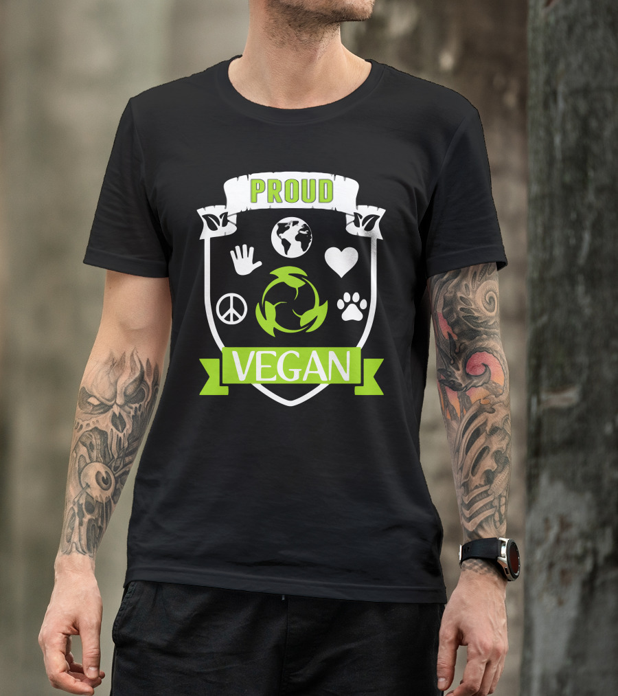 Proud Vegan Earth Peace Heart Paw Recycling Badge T-Shirt