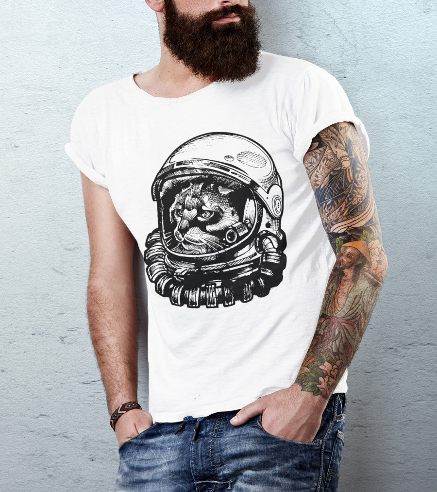 Apace Invader Astronaut Cat Helmet Retro Drawing T-Shirt