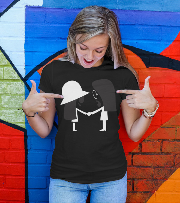 Cewecowo Black And White Minimalist Cartoon Characters Shaking Hands T-Shirt