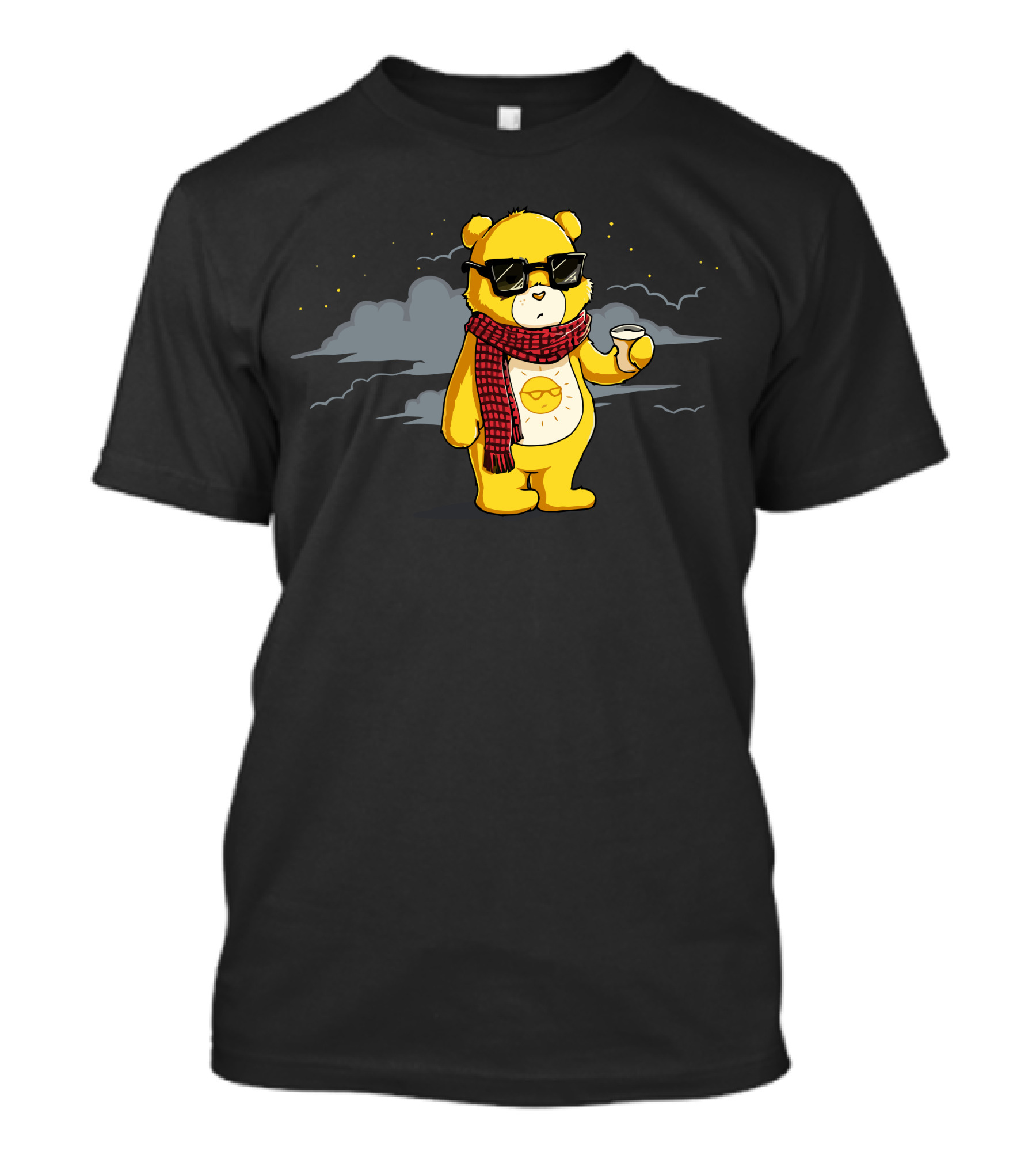 CouldnT Care Less Bear Yellow Cloudy Night Sky Sunglasses Red Plaid Scarf Coffee Cup T-Shirt