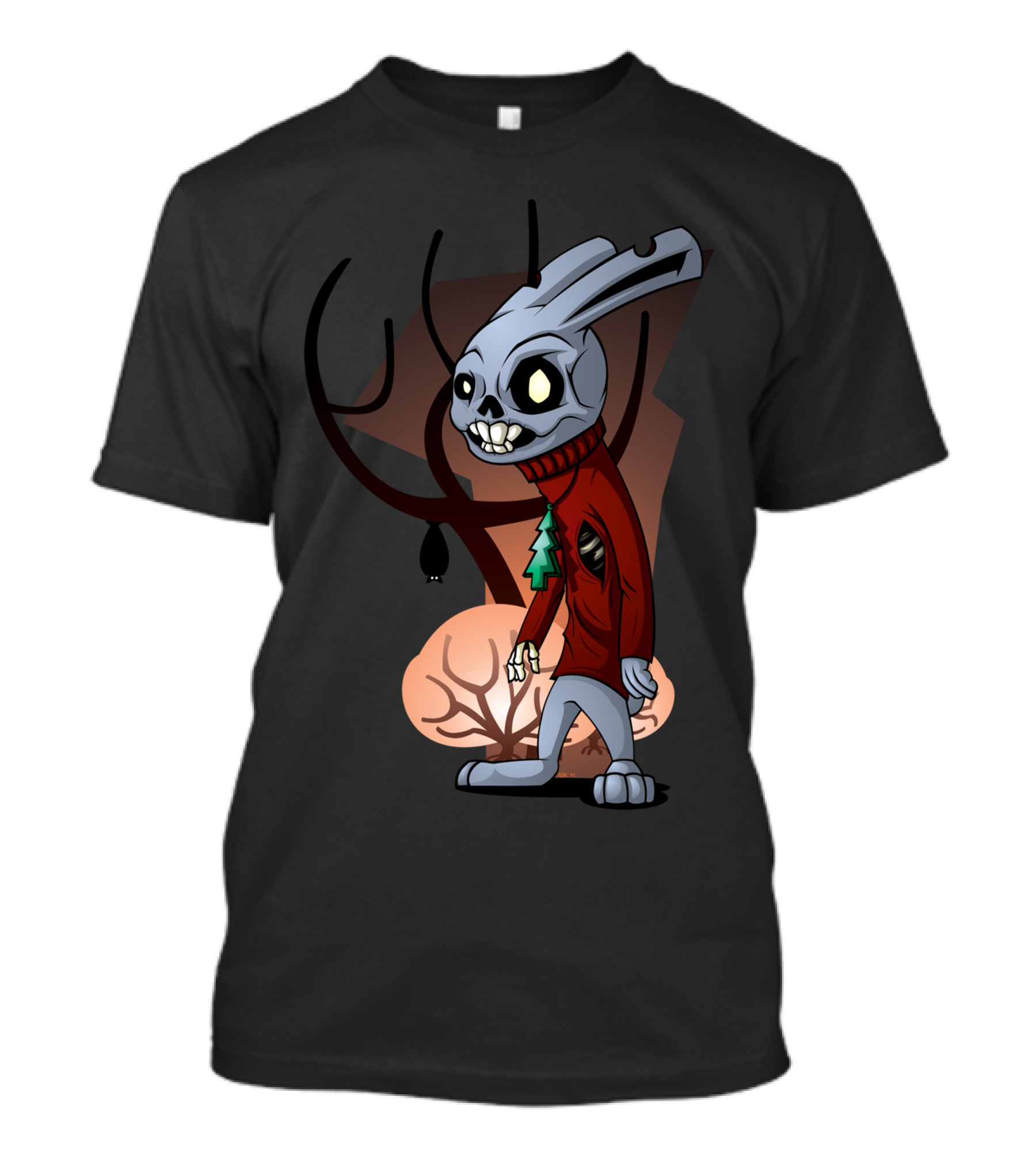 Death Bunny Creepy Walking Skull Creature With Christmas Sweater And Forest Background T-Shirt