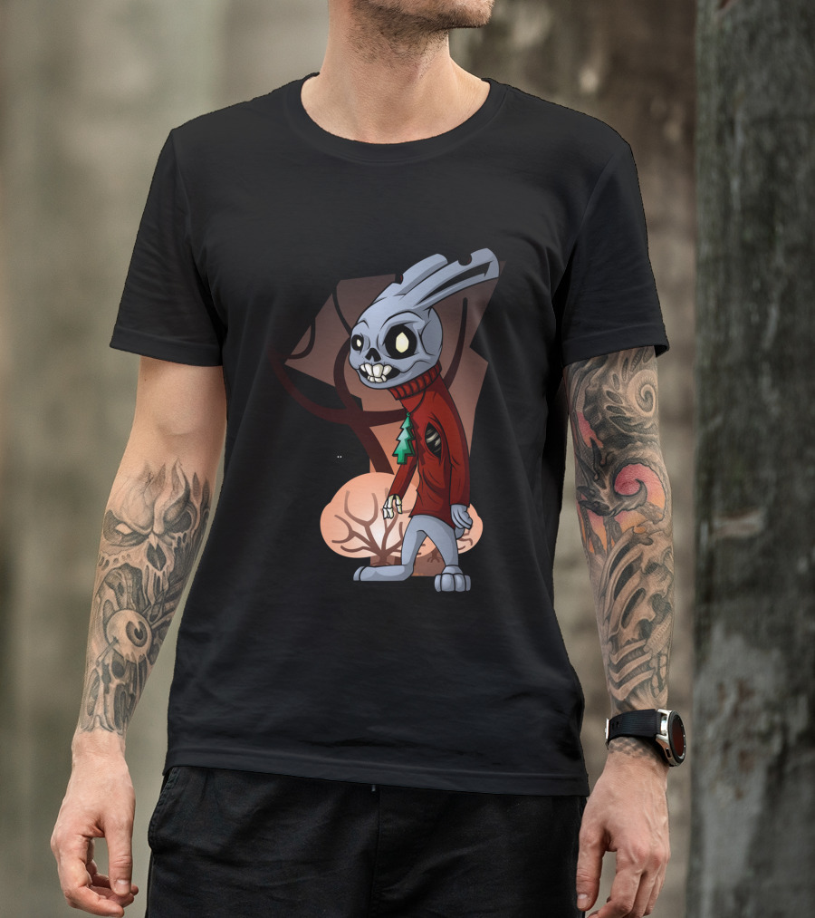 Death Bunny Creepy Walking Skull Creature With Christmas Sweater And Forest Background T-Shirt