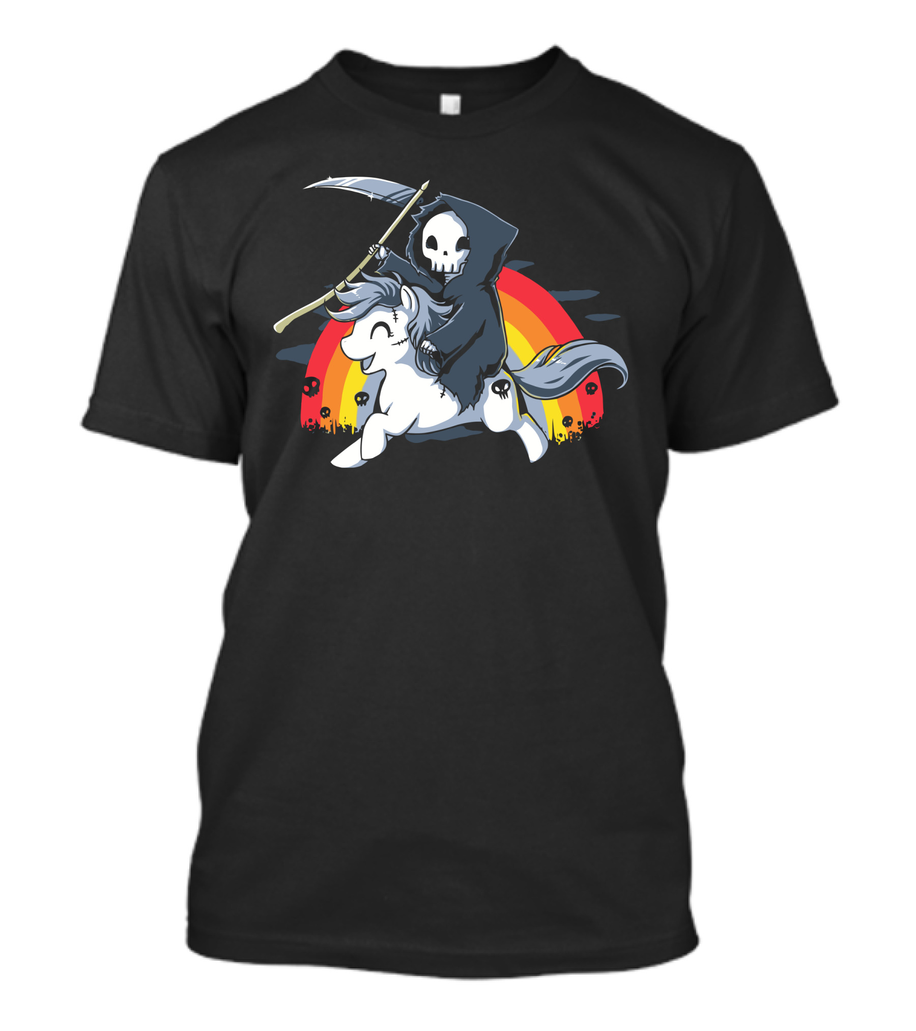 Death Is Magic Grim Reaper Riding Unicorn Rainbow T-Shirt