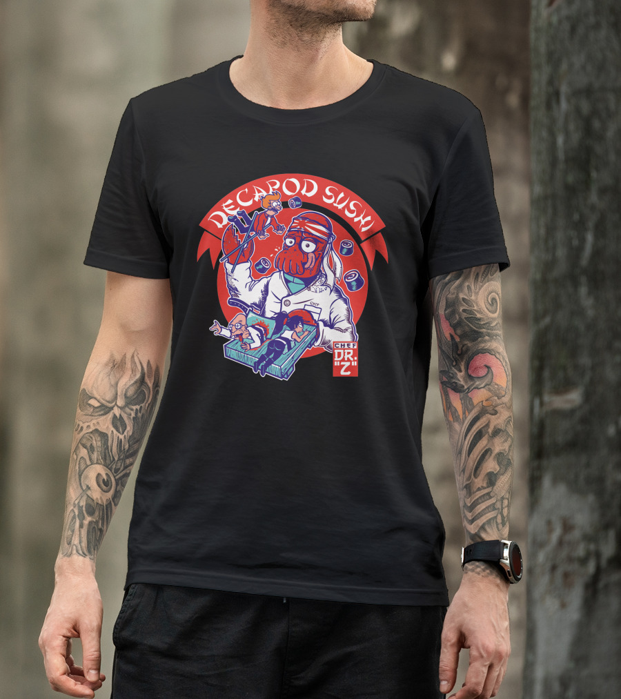 Decapod Sushi Chef Dr. Z With Characters And Fish Rolls T-Shirt