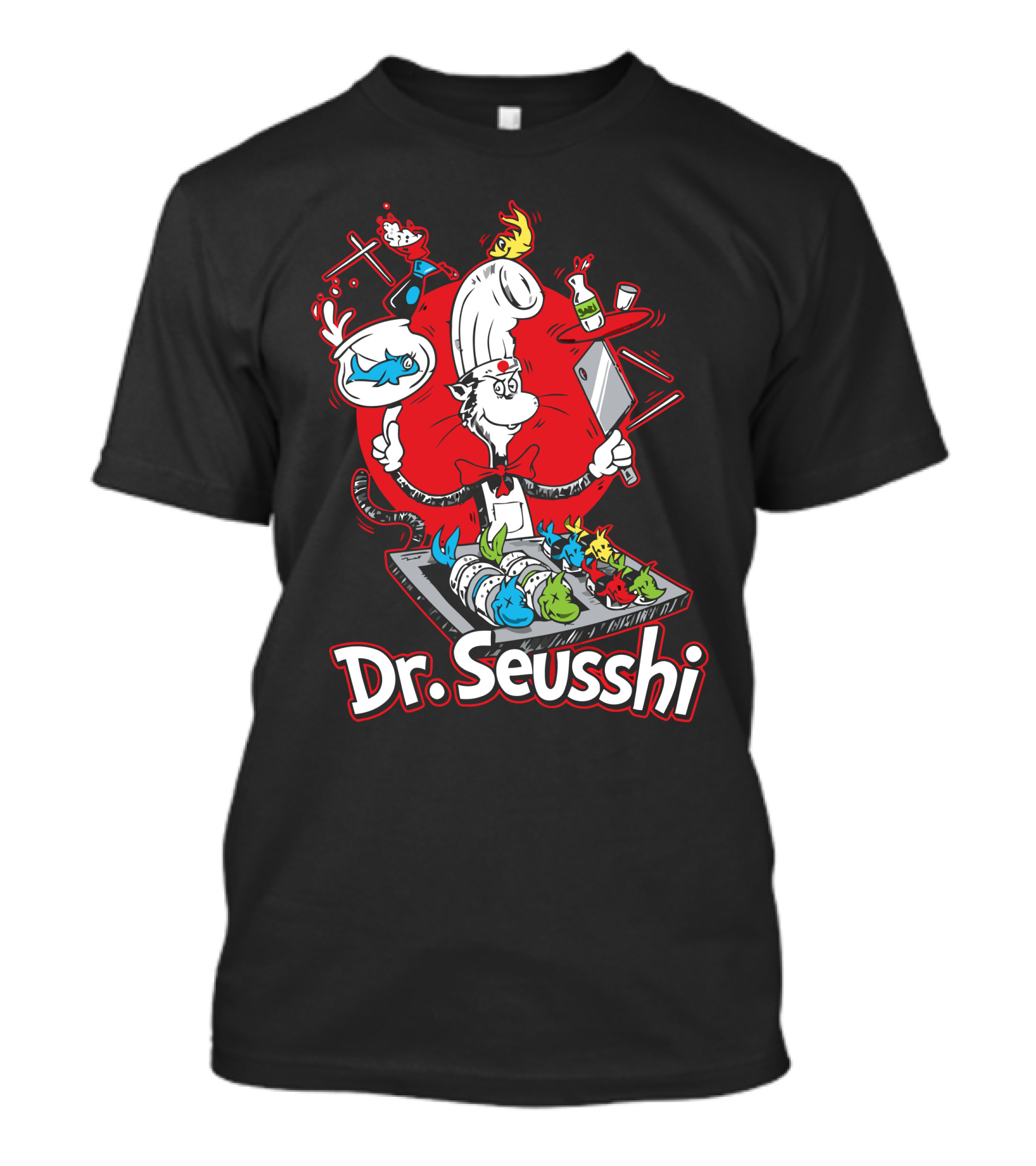 Dr Seusshi Cat In The Hat Sushi Chef Cooking Blue Red Fish T-Shirt