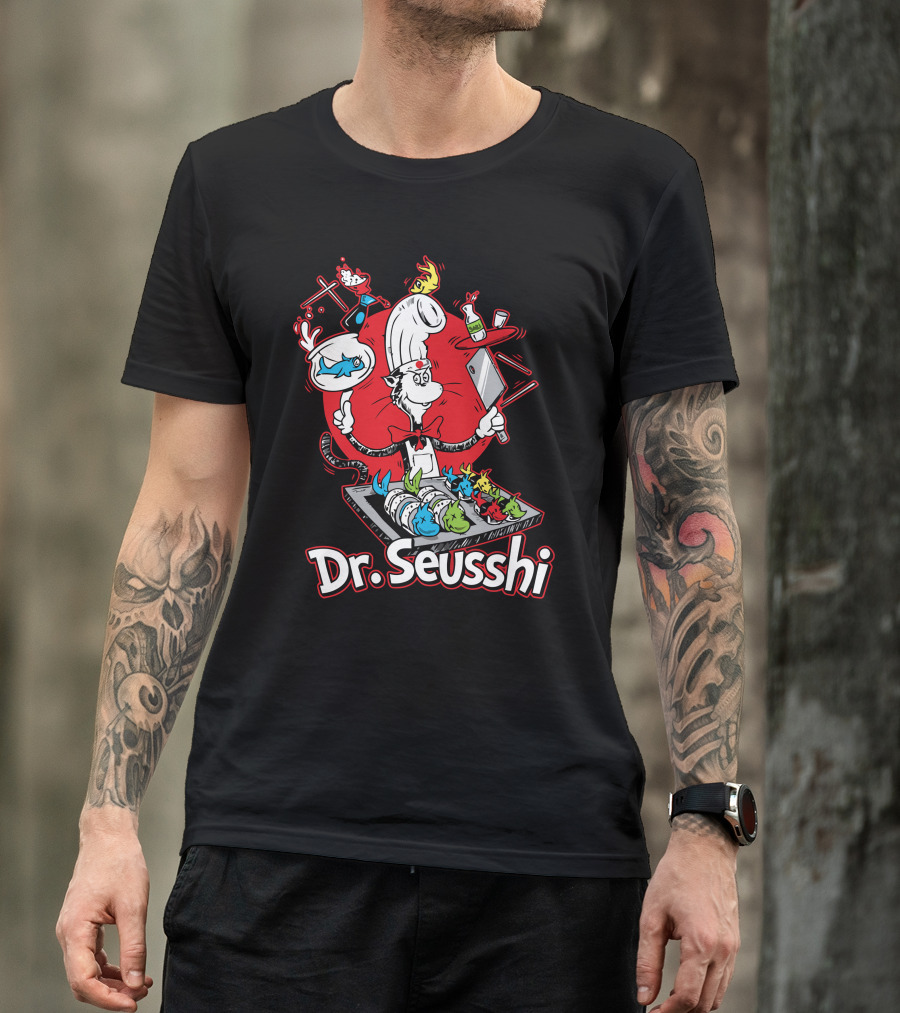 Dr Seusshi Cat In The Hat Sushi Chef Cooking Blue Red Fish T-Shirt