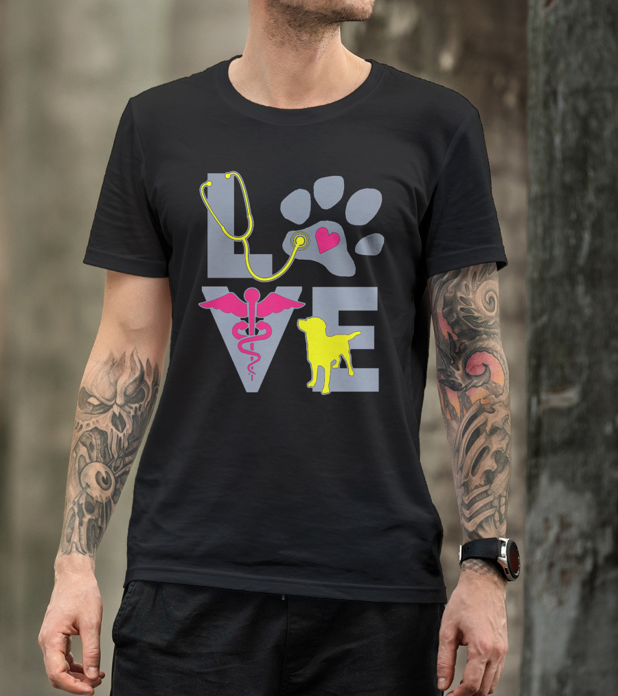 LOVE Teal Best Trending Veterinary Dog Paw Heart Stethoscope Caduceus T-Shirt