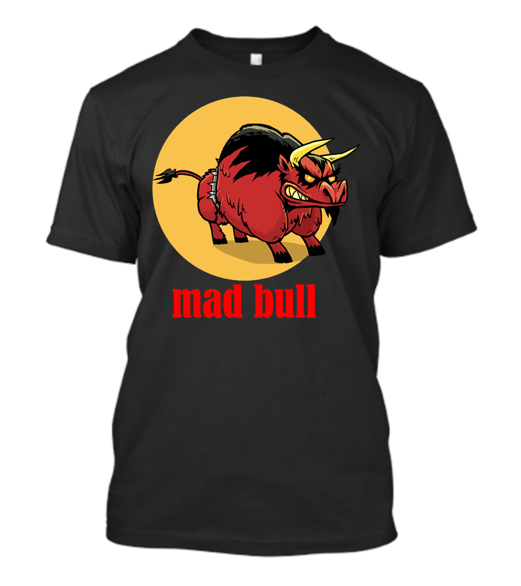 Mad Bull Angry Cartoon Red Bull With Yellow Circle Background T-Shirt
