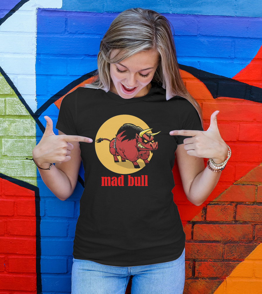 Mad Bull Angry Cartoon Red Bull With Yellow Circle Background T-Shirt