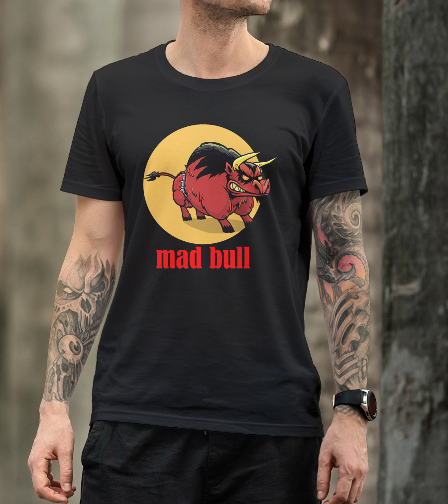Mad Bull Angry Cartoon Red Bull With Yellow Circle Background T-Shirt