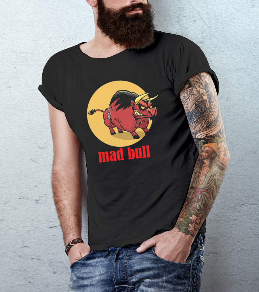Mad Bull Angry Cartoon Red Bull With Yellow Circle Background T-Shirt