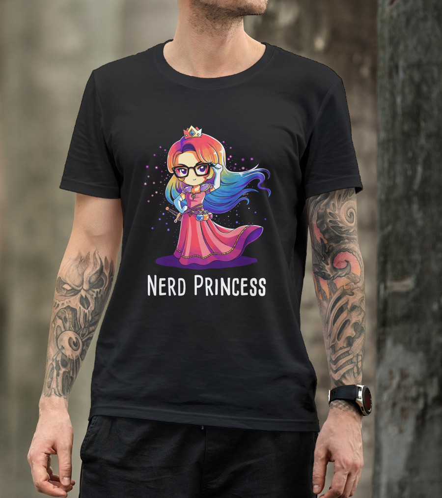 Nerd Princess Colorful Chibi Anime Glasses Rainbow Hair Crown Magic Wand T-Shirt