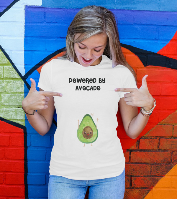 Powered By Avocado Cute Cartoon With Happy Face And Waving Arms T-Shirt