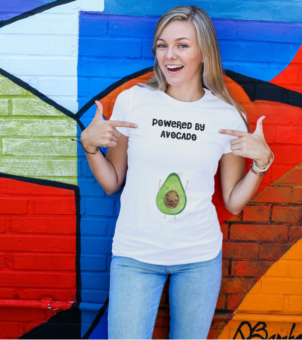 Powered By Avocado Cute Cartoon With Happy Face And Waving Arms T-Shirt