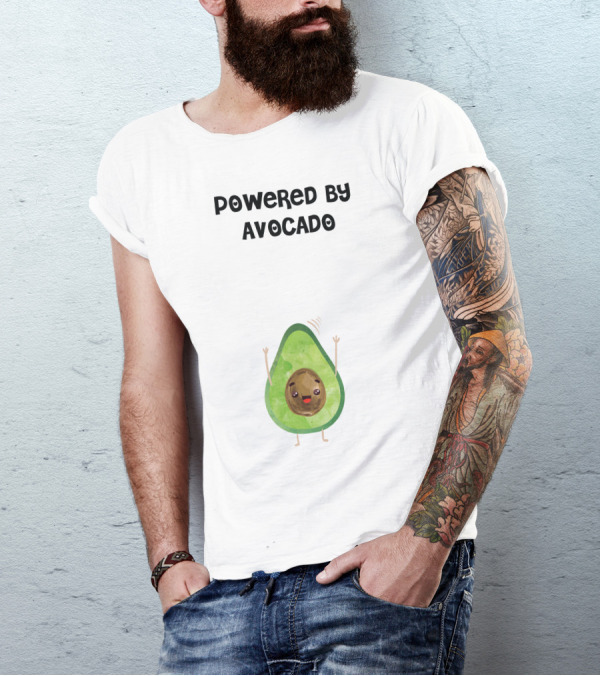 Powered By Avocado Cute Cartoon With Happy Face And Waving Arms T-Shirt
