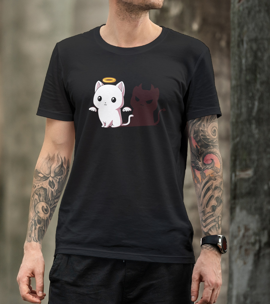 Purr Evil Angel Cat With Devil Shadow T-Shirt