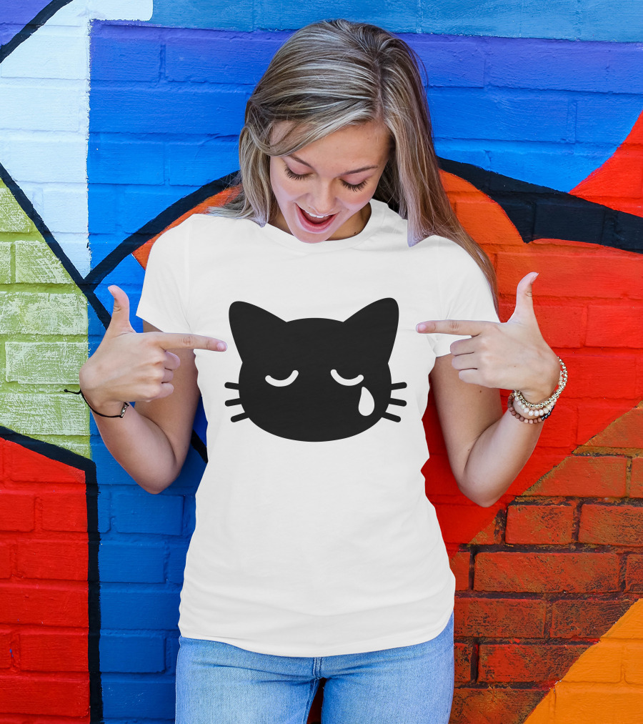 Crying Black Cat Face Icon With Tear Drop T-Shirt