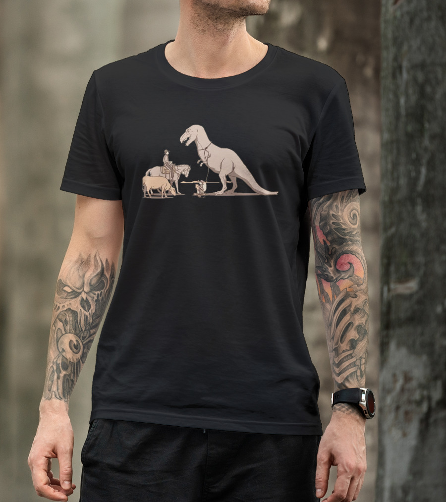 A Big One Medieval Knight Leading T-Rex With Horse And Cow T-Shirt