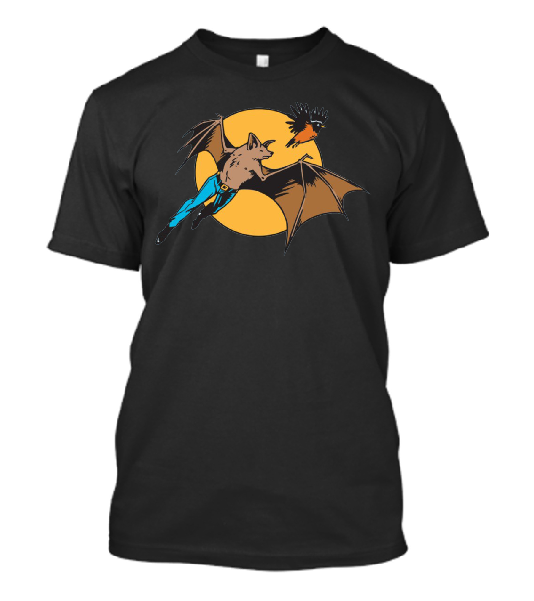 Bat Man And Robin Flying In Front Of The Moon T-Shirt