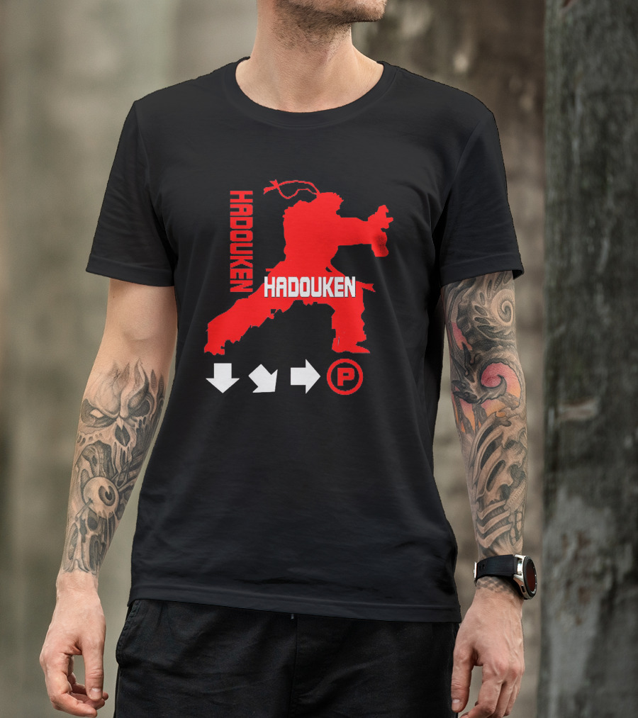 Hadouken Ryu Red Silhouette With Iconic Move Commands T-Shirt