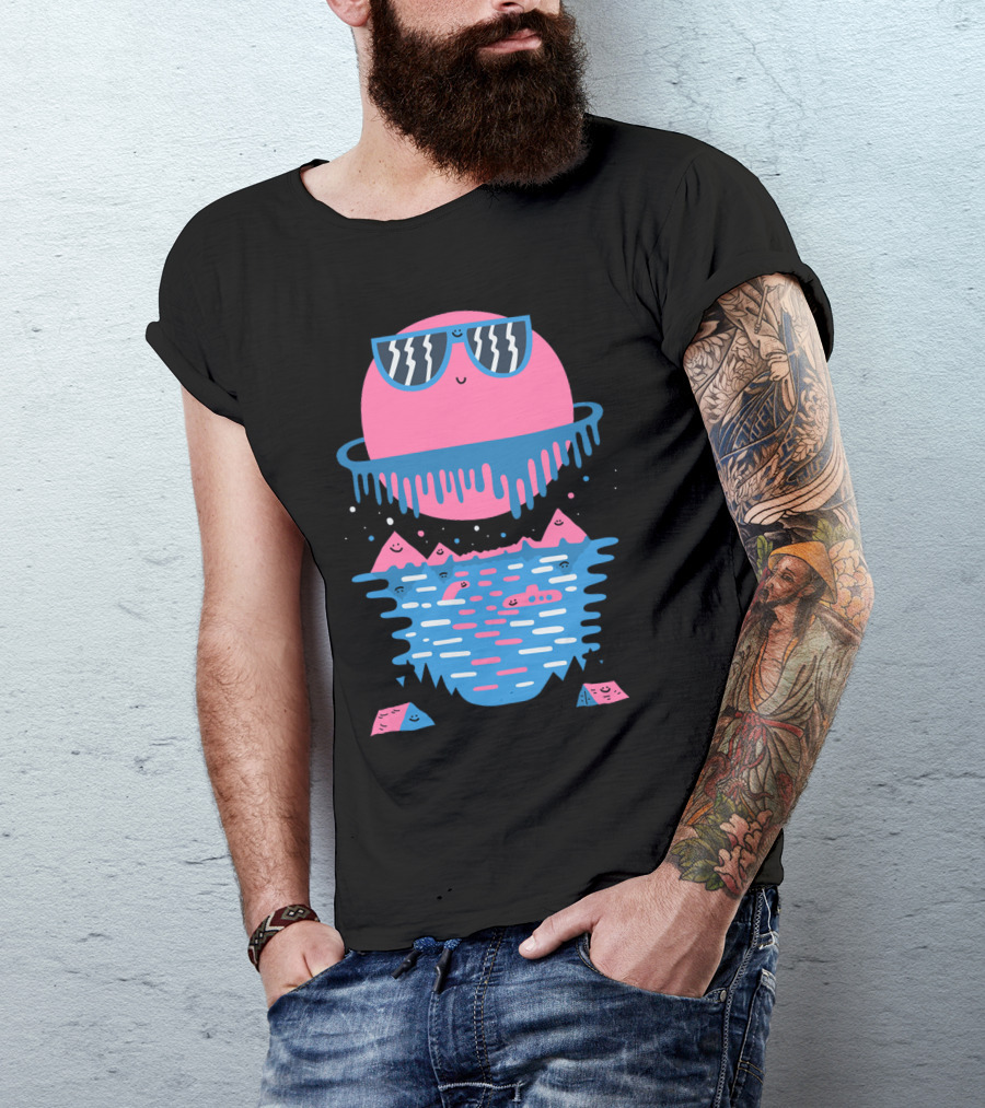 Happy Outdoors Porky Roebuck Mountain Sun Smiley With Sunglasses And Melting Lake T-Shirt