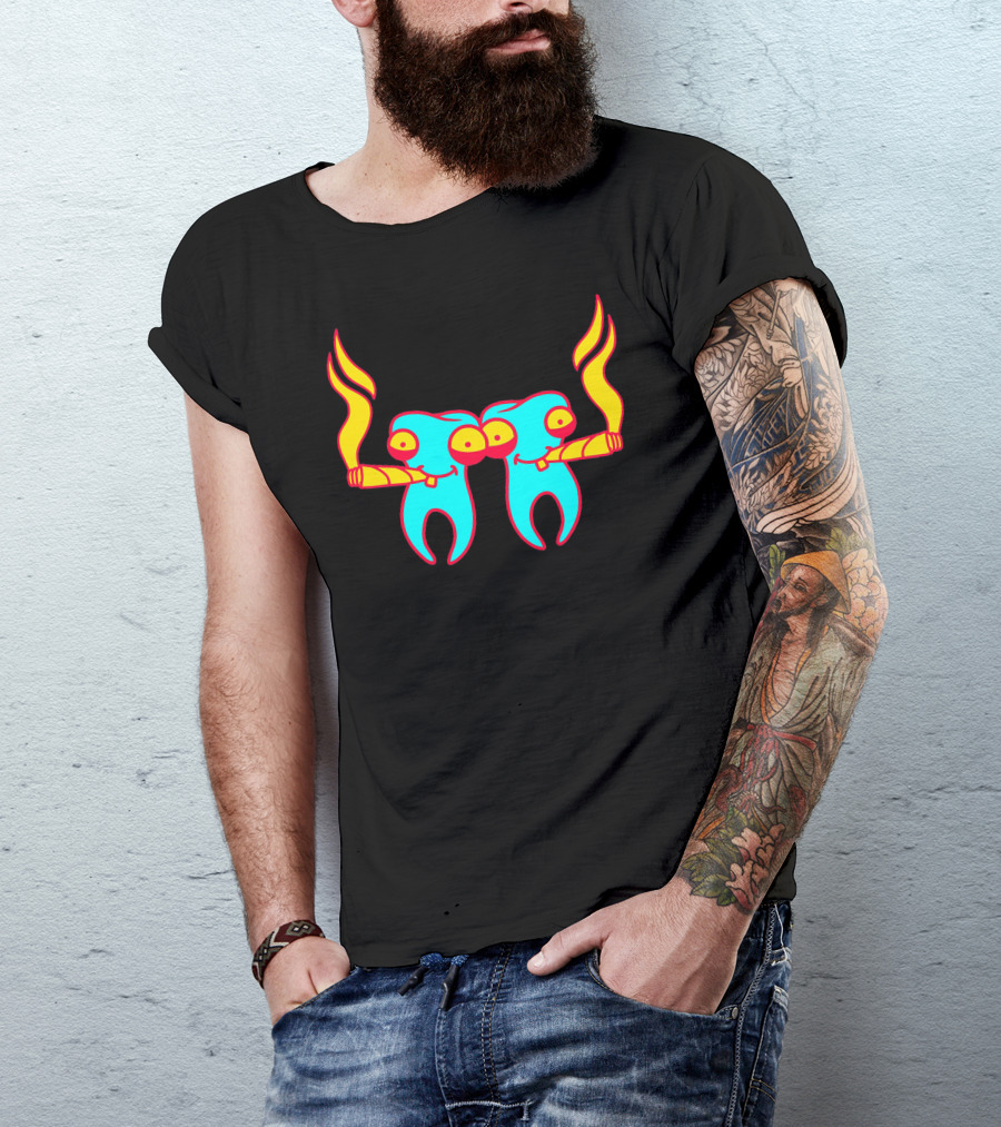 High Tooths With Burning Joint And Colorful Characters T-Shirt