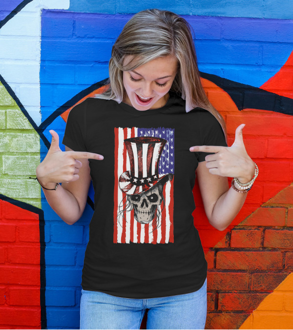 July 4th American Flag Skull With Patriotic Top Hat T-Shirt