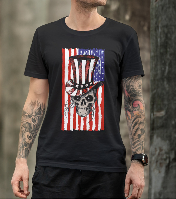 July 4th American Flag Skull With Patriotic Top Hat T-Shirt
