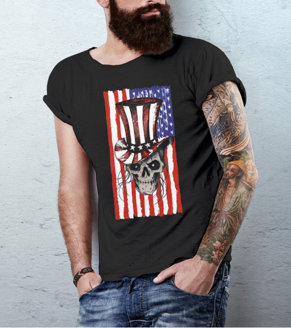July 4th American Flag Skull With Patriotic Top Hat T-Shirt