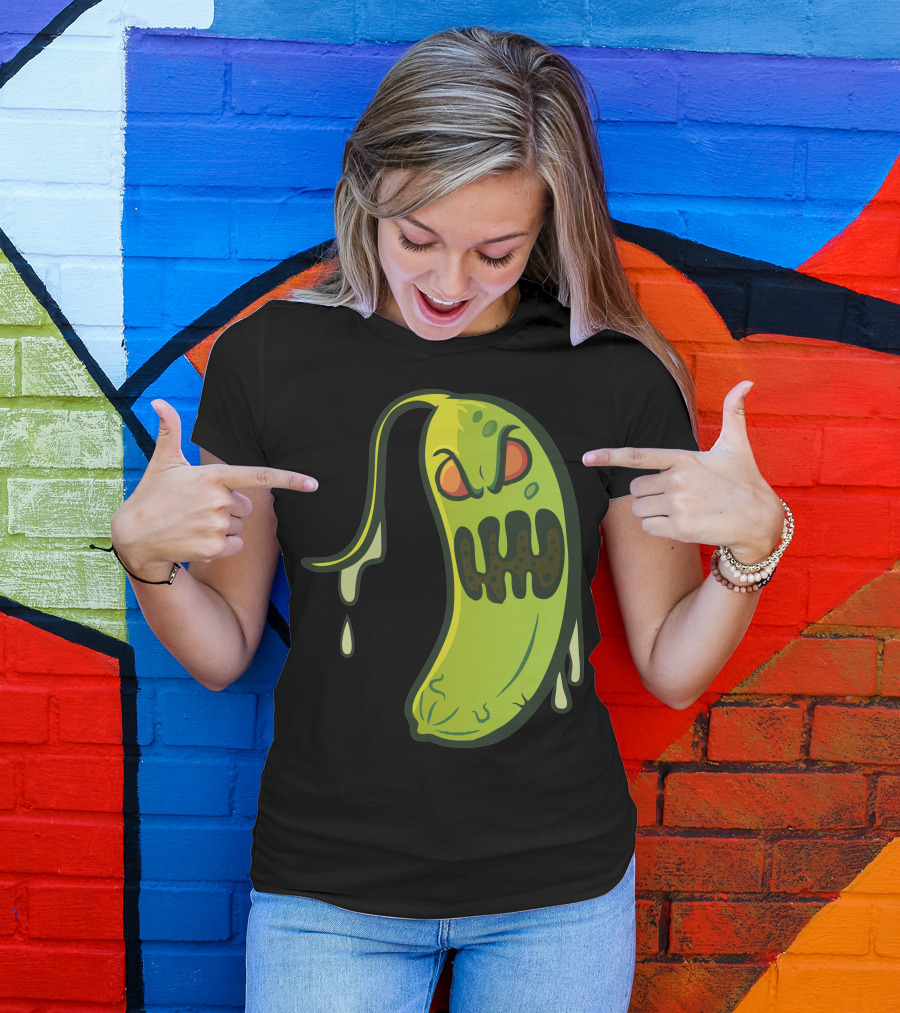 Pickle Monster Grinning With Dripping Goo Drops T-Shirt
