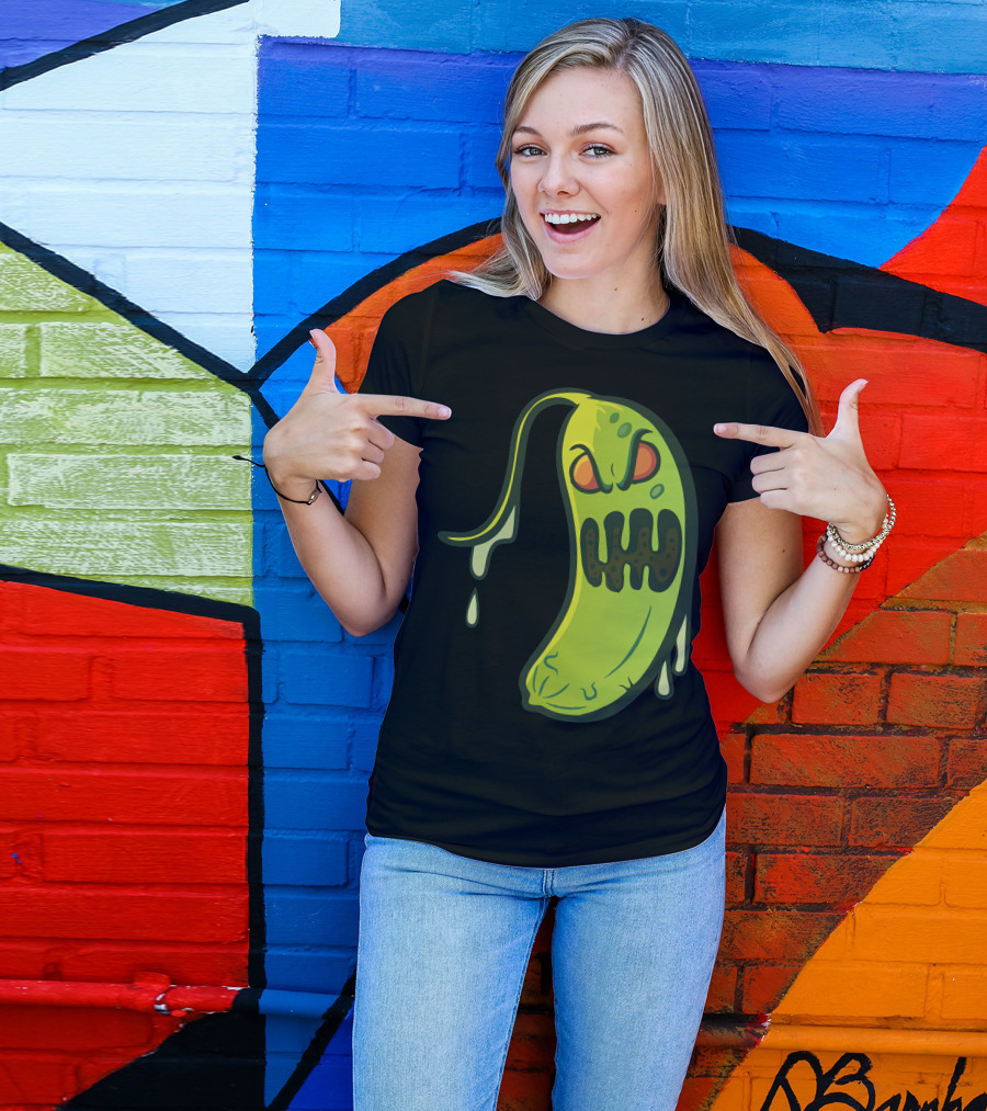 Pickle Monster Grinning With Dripping Goo Drops T-Shirt