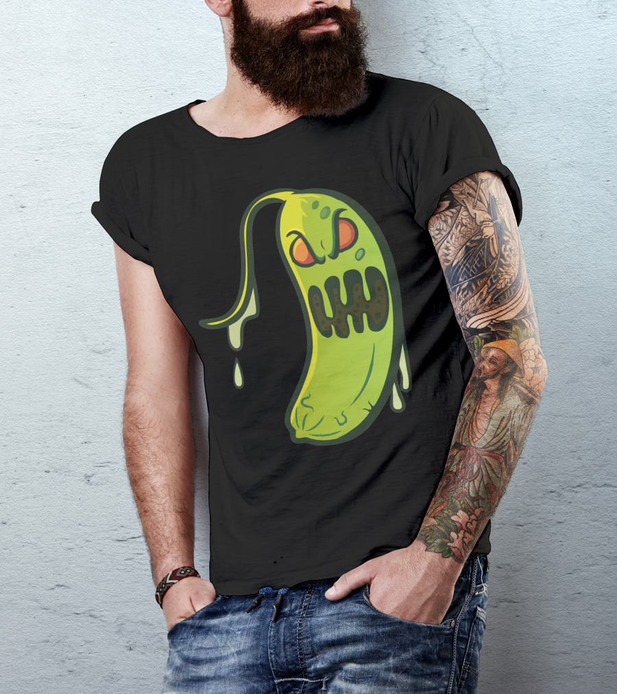 Pickle Monster Grinning With Dripping Goo Drops T-Shirt