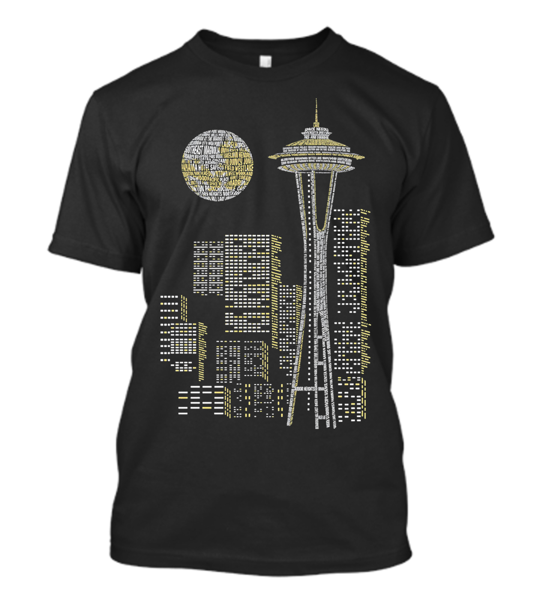 Seattle Skyline Space Needle Word Art Moonlit Cityscape T-Shirt