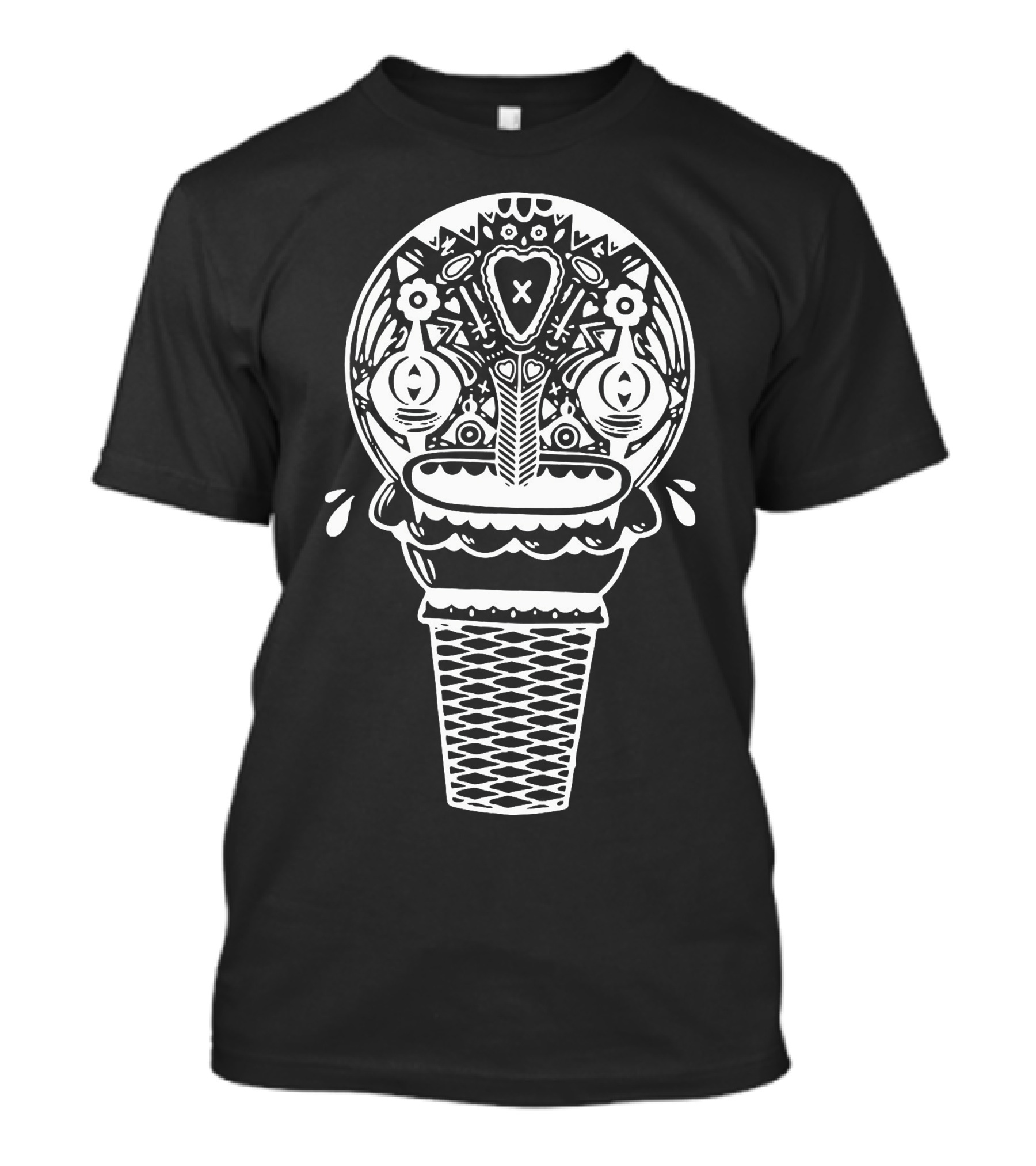Sugar Cone Mandala Style Symmetrical Ice Cream Cone With Floral And Geometric T-Shirt