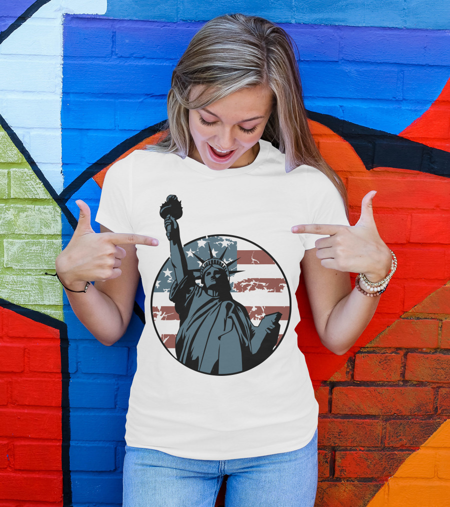 Liberty Statue With US Flag Background T-Shirt