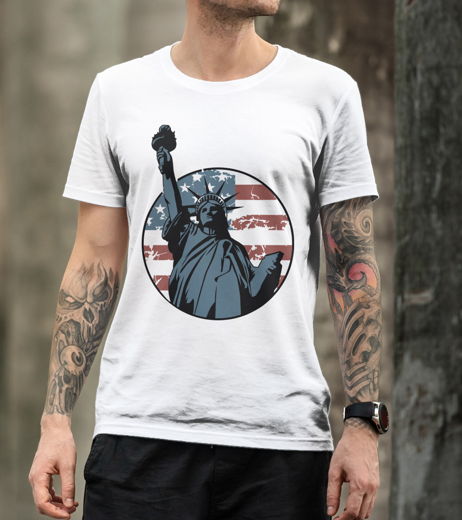 Liberty Statue With US Flag Background T-Shirt