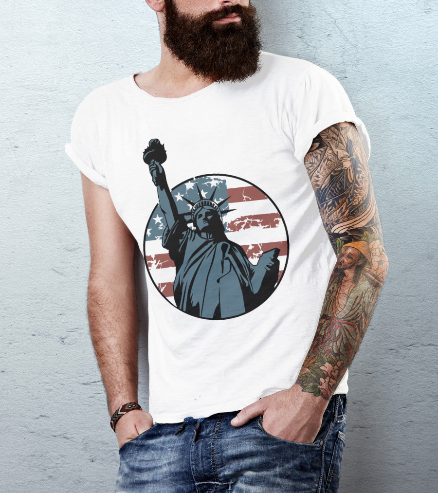 Liberty Statue With US Flag Background T-Shirt