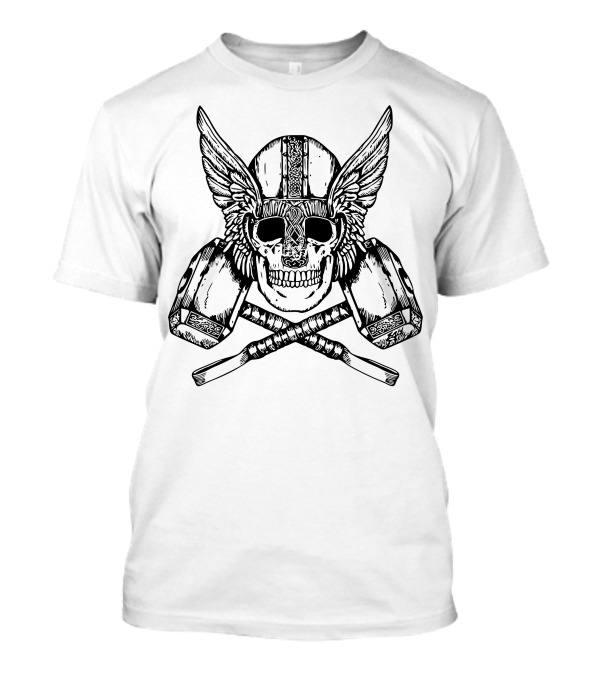 Vikings Head Skull With Winged Helmet And Crossed Hammers T-Shirt