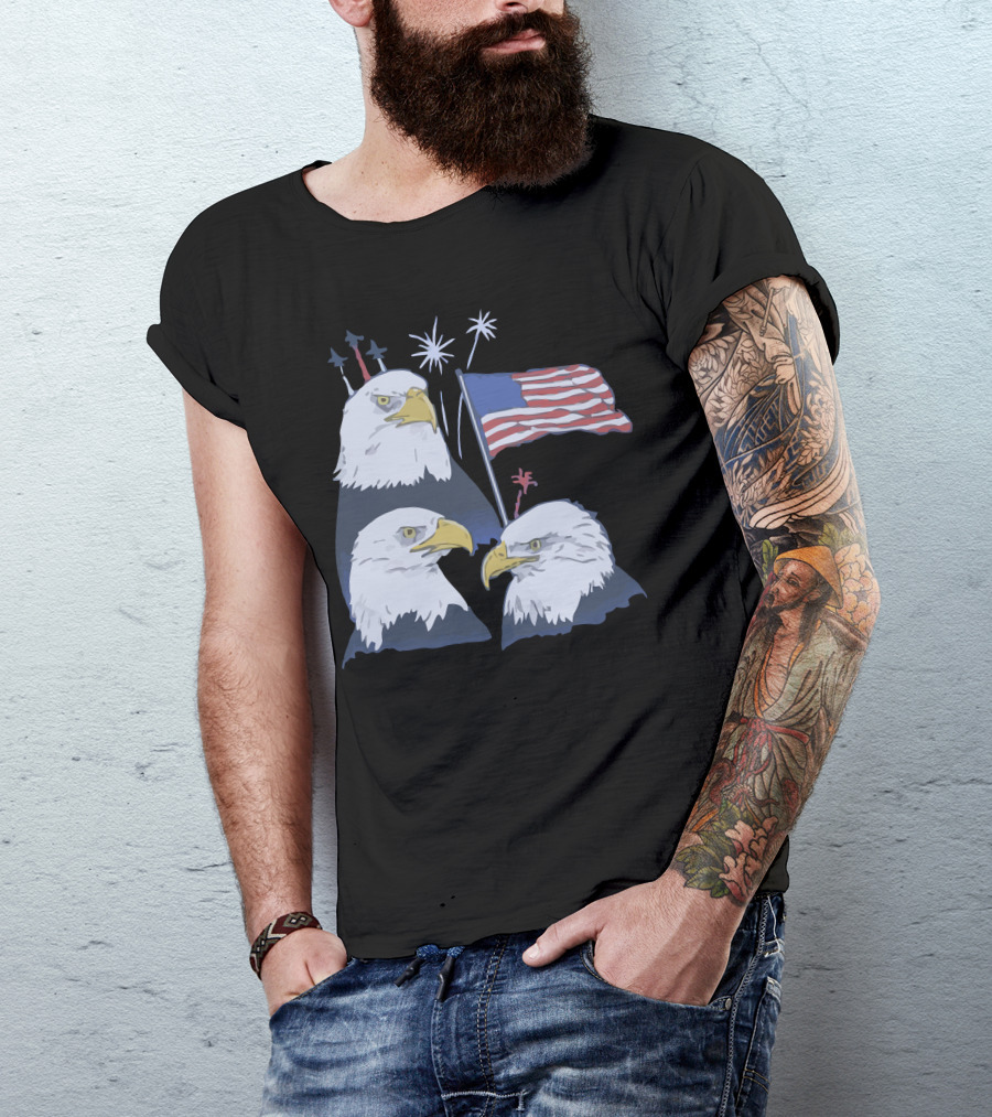 3 Eagles American Flag 4Th Of July Fireworks T-Shirt