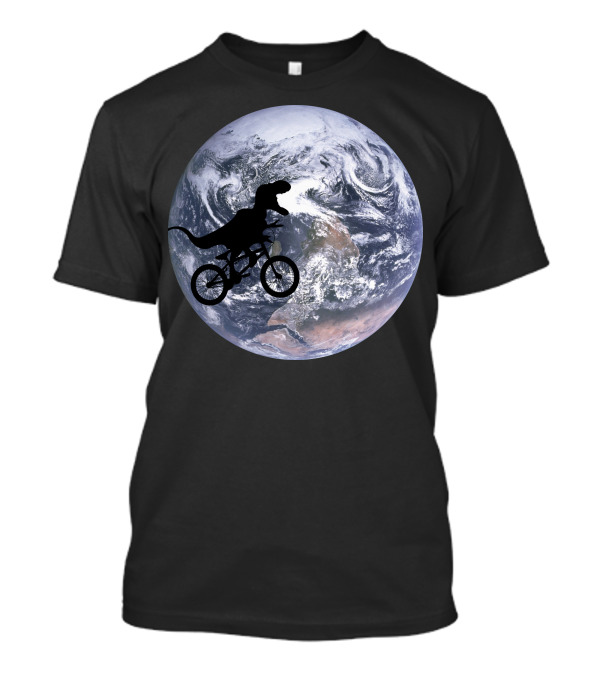 Etdino Dinosaur Silhouette On Bicycle Against Earth Background T-Shirt